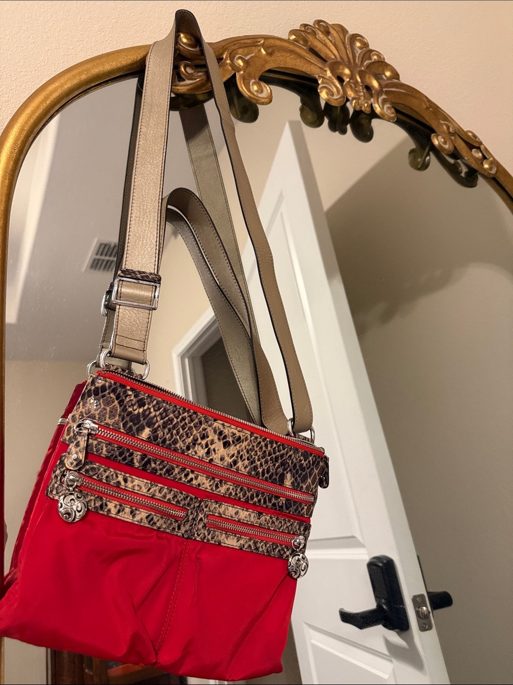 Brighton GoGo Red Nylon Black-Tan Snake Print Leather Convertable Crossbody Bag